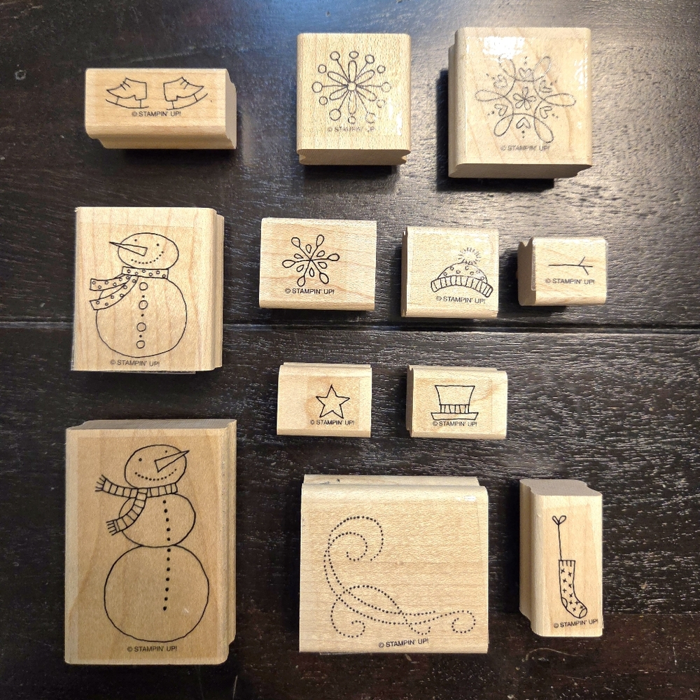 Stampin' Up! Snow Buddies 12pc Wood Rubber Mount Stamp Set Snowmen Snowflakes